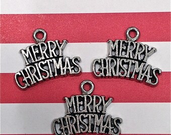 Merry Christmas Charms--4 pieces-(Antique Pewter Silver Finish)--style 1008