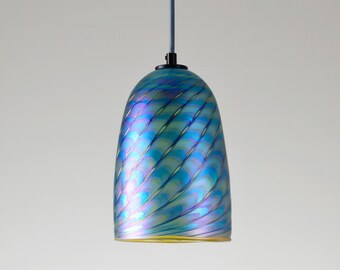 Hand Blown Pendant Lighting / Iridescent Art Glass Hanging Lamp / Blue Glass Pendant Lamp / Art Nouveau Tiffany or Loetz Style Lamp