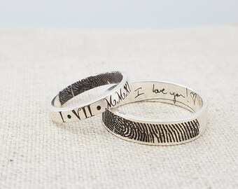 Personalized Fingerprint Jewelry - Mom Gift Ring - ACTUAL Handwriting Jewelry - Engraved Silver Wedding Band - Memorial Jewelry - Ring