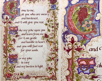 Original Hand Done Calligraphy and Painting/Bible Art/Matthew 11/Archive Quality,Acid Free/W and N Water Color/Arches90# Hotpress/Paper only