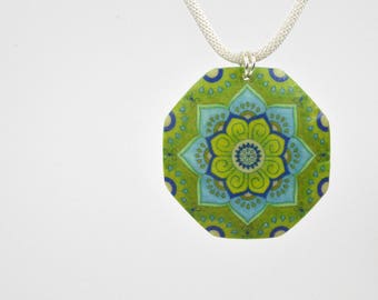 Green Mandala Pendant Necklace - Coloring Transfer Necklace