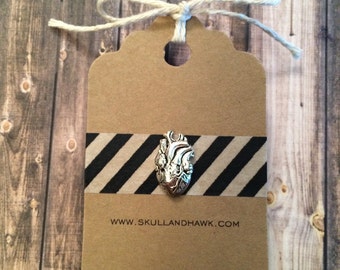 Small Anatomical Heart Lapel Pin / Tie Tack - Silver Tone - Men's Fashion- Anatomy Gift - Halloween Accessory - Organ - Body Part