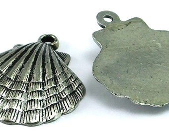 Silver Toned Acrylic Sea Shell Beads , 37mm Metalized Beads , Large Plastic Beads , Sea Shell Pendants
