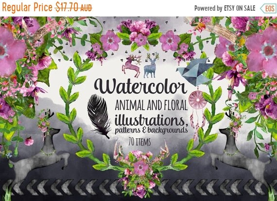 70% OFF Sale Watercolor Digital paper, Digital Clipart - Instant download - Animals Deer, Floral Flowers, Antlers, Backgrounds