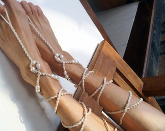Freshwater Pearl Beach Wedding Barefoot Sandals, Rhinestone Anklet, High Wrap Gladiator Sandals, 1 Pair