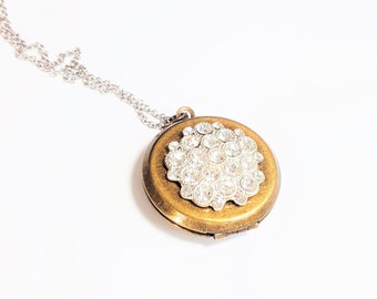 Vintage Rhinestone Locket Necklace - Mixed Metal Necklace - Bridesmaid Locket - Wedding Locket - Locket Gift - Silver Necklace - Bridesmaid