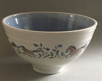 Hand made porcelain bowl with hand painted horses