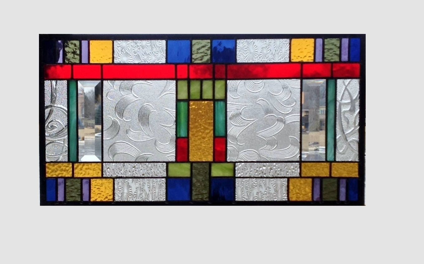 Arts and crafts stained glass panel window hanging amber