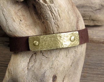 Hand Hammered Brass and Leather Slab Bracelet