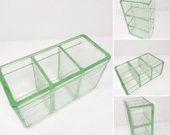 Vintage Glass Car Battery, Green Three Compartment Auto Battery Box, 1930's Car Parts, Battery Jar