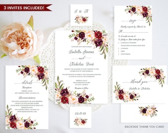 Wedding Invitation Template,Marsala Wedding Invitation Set,Floral Wedding Invitation Template,Wedding Invitation Set Printable,PDFInvitation