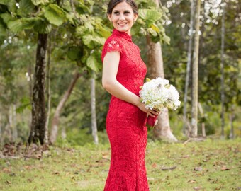 Mermaid Wedding Dress Lace with Train,Red Lace Cheongsam Gown,Lace Chinese Dress,Bridal Wedding Party Dress,Bridal Prom Dress, Red Qipao