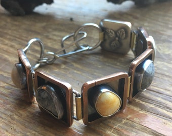 Beach stone pebble mixed metal artisan bracelet