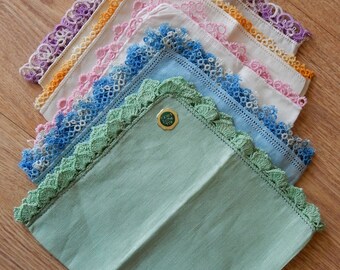 Vintage Lot of 5 Cotton & Linen Handkerchiefs Hankies w/ Tatted Edges PD18