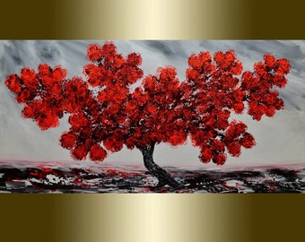Oil Painting Red Blooming Tree palette knife.