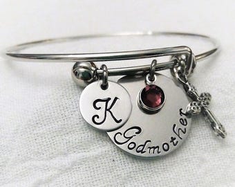 Personalized Godmother Bangle, Godmother Bracelet, Godmother Jewelry, Gift for Godmother, First Communion, Baptism Jewelry, Baptism Bangle