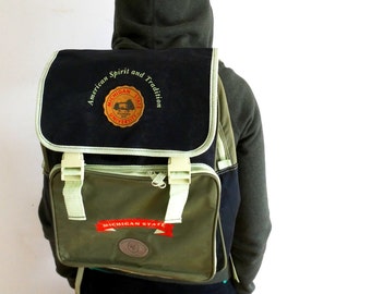 Mens Canvas Backpack School backpack canvas Army Green Backpack Michigan State University Backpack RARE Vintage