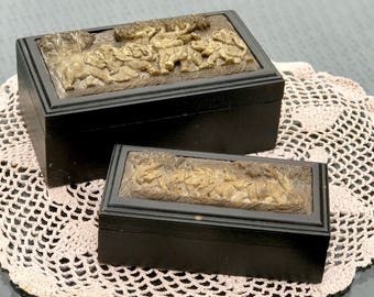 Pair of Wooden Boxes with Elephant Herd Panels in the Lids - Trinkets, Nic Nacs, Cards, Treasures - Very Dark almost Ebony Black Wood
