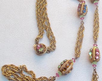 MIRIAM HASKELL Vintage Necklace Pink Green Blue Yellow Rhinestones Russian Gold Beads