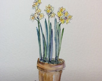 Potted Paperwhites Watercolor Card / Hand Painted Watercolor Card