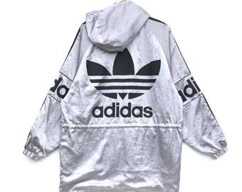 Rare!! Vintage Adidas Trefoil Silver Hoodie Big Logo Extra Large Made In Japan