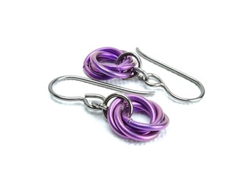 Niobium Earrings Violet Eternity Mobius, Hypoallergenic Niobium Sensitive Ears Earrings, Infinity Chainmaille Flower Titanium Jewelry