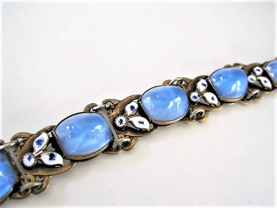 Czech Art Glass Bracelet, Blue Glass, Neiger Bros, Enamel Art Deco Links