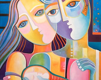 Modern Abstract Oil Painting La Familia Original artwork Marlina Vera Fine Art gallery Cubism Cubist Picasso style Family Couple Love Fauve