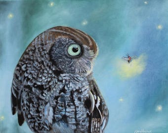 Owl and Lightning Bug Original Oil on Canvas Painting