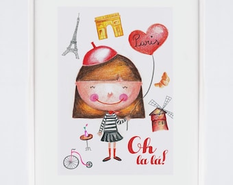 Paris decor for girls, Paris wall art, Wall hanging, Paris Illustration, Eiffel Tower Illustration, Birthday gift, gift for girl,