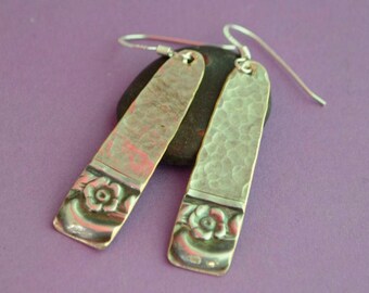 Hammered Silver Earrings with Embossed Flower