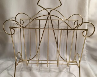 Vintage Magazine Rack Brass Gold Tone Metal - Hollywood Regency Mid Century