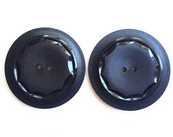 sophisticated large vintage eco friendly black buttons with shiny carved design--matching lot of 2