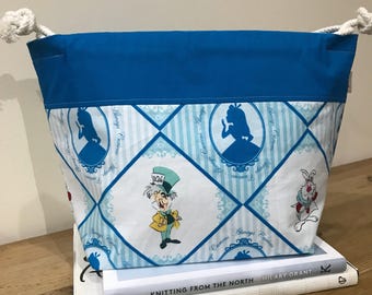 Alice in Wonderland knitting project bag, yarn project bag, gift for knitters, drawstring bag