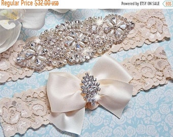 ON SALE Crystal Wedding Garter Set, Bridal Garter Set, Ivory Wedding Garter, Ivory Lace Garter, Keepsake Garter, Toss Garter, Rhinestone Gar