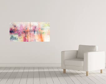 large abstract landscape painting, original art on canvas, palm trees, red orange white wall decoration