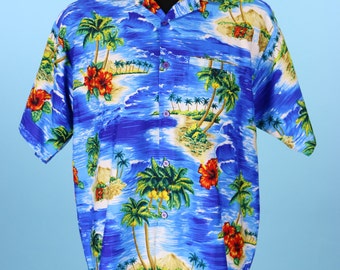 Vintage 1980s Mens Blue Hawaiian Shirt Size M