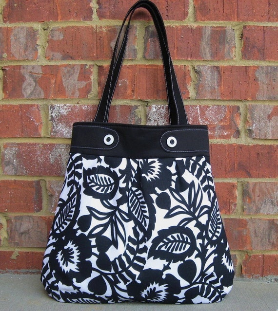Large Black and White Floral Pleated Handbag