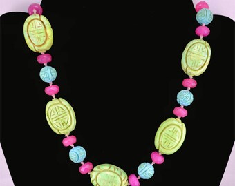 Vintage Ciner Necklace Ceramic / Glass Carved Beads Green / Blue / Hot Pink Hand Knotted