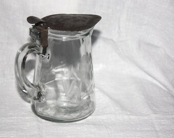 Antique Etched Glass Syrup Pitcher Pat 1910 with Metal Lid
