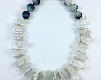 Rock Crystal, Freshwater Pearl and Agate Necklace