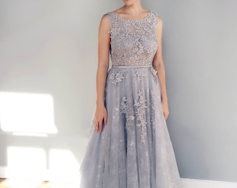 Gray Blue Lace Wedding Dress