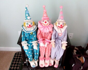 Original Vintage Clown Dolls from 1980's / Clown Dolls / Circus Dolls / Woodblock Dolls / Shelf Sitter Dolls / Handmade Doll / Cloth Doll