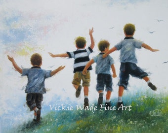 Four Boys Art Print, four brothers leaping, boys room wall art, four boys paintings, four boys jumping, four happy boys, Vickie Wade art