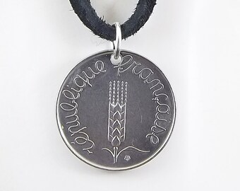 French Coin Necklace, 5 Centimes, Coin Pendant, Leather Cord, Mens Necklace, Womens Necklace, Birth Year, 1964