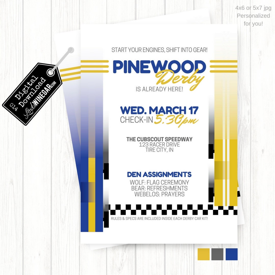 Cub Scout Pinewood Derby Invitation Blue & Yellow Checkered