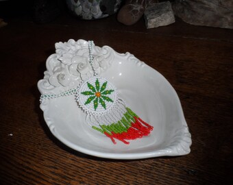 Beaded Necklace, Flower Design, Green, White, and Red