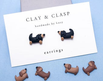 Sausage Dog Dachshund Earrings - beautiful handmade polymer clay jewellery by Clay & Clasp