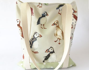 Shopping Bag Handmade, Puffin Bag, Shopping Tote Bag, Tote Bag Handmade, Shopping Bag Reusable, Beach Bag Fabric, Market Bag Handmade