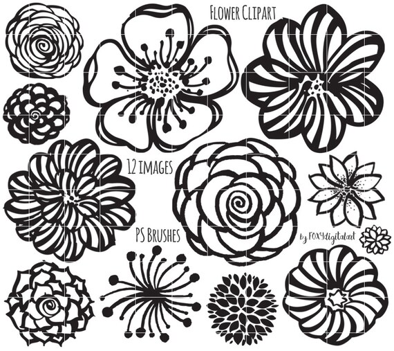Flower Clipart Hand Drawn Flower Outline Digital Stamp